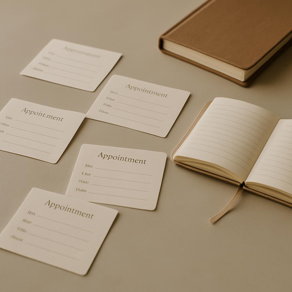 Appointment cards, notebook, and book on a beige background.