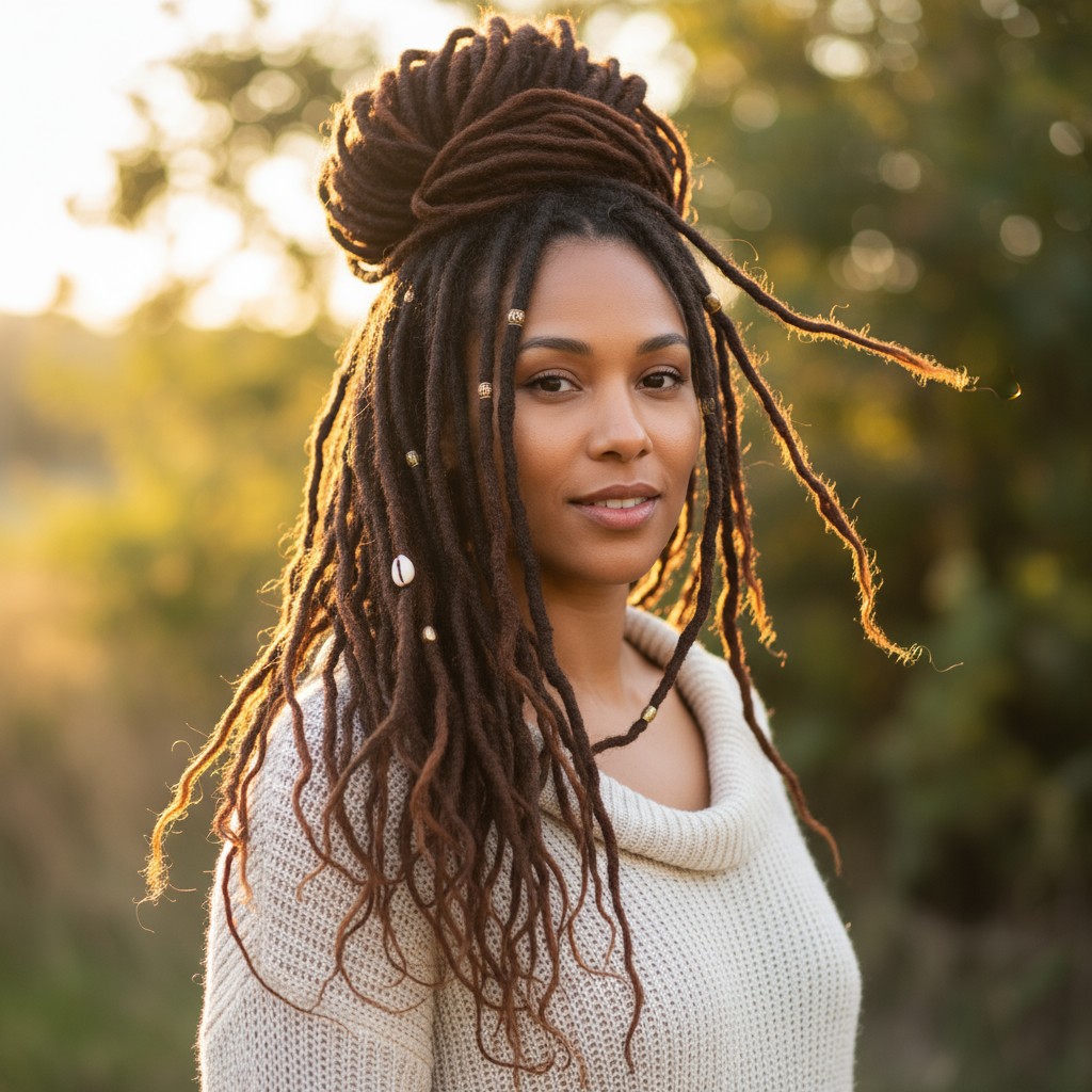 A woman with long brown hair wearing a cream sweater.